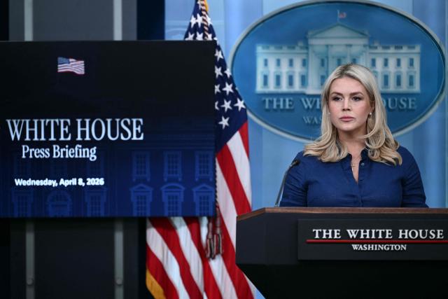 White House Press Secretary Karoline Leavitt speaks during a press briefing in the Brady Briefing Room of the White House in Washington, DC, on April 8, 2026. (Photo by Brendan SMIALOWSKI / AFP)
