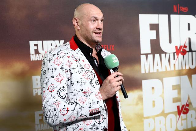 British boxer Tyson Fury speaks on the red carpet to attend a "Grand Arrival" event in central London on April 8, 2026, ahead of the heavyweight boxing match between Britain's two-time former world heavyweight champion Tyson Fury and Russia's Arslanbek Makhmudov on April 11. (Photo by Toby Shepheard / AFP)