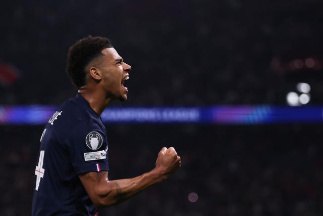 Paris Saint-Germain's French midfielder #14 Desire Doue  celebrates  after scoring the opening goal during the UEFA Champions League quarter-final first leg football match between Paris Saint-Germain (PSG) and Liverpool FC at the Parc des Princes stadium in Paris on April 8, 2026. (Photo by FRANCK FIFE / AFP)