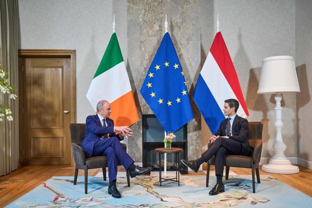 Netherlands' Prime Minister Rob Jetten (R) receives Ireland's Prime Minister Micheal Martin at the Catshuis in The Hague on April 8, 2026. (Photo by Phil Nijhuis / ANP / AFP) / Netherlands OUT