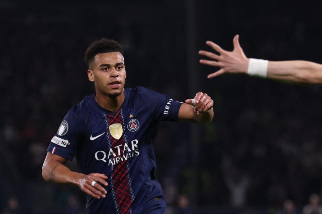 Paris Saint-Germain's French midfielder #14 Desire Doue celebrates after scoring the opening goal during the UEFA Champions League quarter-final first leg football match between Paris Saint-Germain (PSG) and Liverpool FC at the Parc des Princes stadium in Paris on April 8, 2026. (Photo by FRANCK FIFE / AFP)