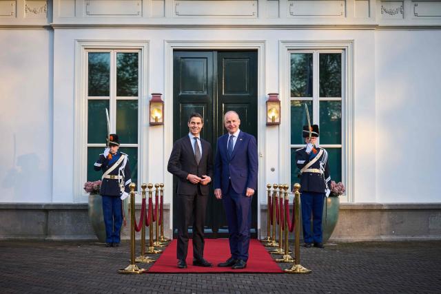 Netherlands' Prime Minister Rob Jetten (L) welcomes Ireland's Prime Minister Micheal Martin prior to a meeting at the Catshuis in The Hague on April 8, 2026. (Photo by Phil Nijhuis / ANP / AFP) / Netherlands OUT