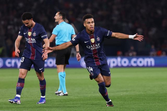 Paris Saint-Germain's French midfielder #14 Desire Doue  celebrates  after scoring the opening goal during the UEFA Champions League quarter-final first leg football match between Paris Saint-Germain (PSG) and Liverpool FC at the Parc des Princes stadium in Paris on April 8, 2026. (Photo by FRANCK FIFE / AFP)