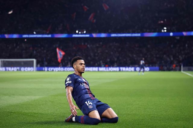 Paris Saint-Germain's French midfielder #14 Desire Doue  celebrates  after scoring the opening goal during the UEFA Champions League quarter-final first leg football match between Paris Saint-Germain (PSG) and Liverpool FC at the Parc des Princes stadium in Paris on April 8, 2026. (Photo by FRANCK FIFE / AFP)