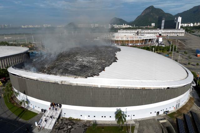 Aerial view of the Olympic Velodrome damaged by a fire in Rio de Janeiro, Brazil, on April 8, 2026. According to city authorities, the velodrome suffered limited damage and no injuries were reported, while the Rio Olympic Museum and its historical collection from the 2016 Olympic Games remained intact. (Photo by Pablo PORCIUNCULA / AFP)