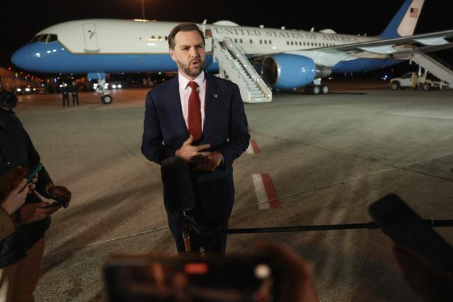US Vice President JD Vance speaks to the media before boarding Air Force Two to return to Washington DC, after the White House announced he would be leading the US delegation in upcoming peace talks with Iran, at the Budapest Ferenc Liszt International Airport in Budapest, Hungary, on April 8, 2026. (Photo by Jonathan Ernst / POOL / AFP)