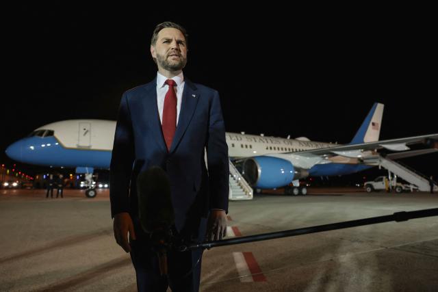 US Vice President JD Vance speaks to the media before boarding Air Force Two to return to Washington DC, after the White House announced he would be leading the US delegation in upcoming peace talks with Iran, at the Budapest Ferenc Liszt International Airport in Budapest, Hungary, on April 8, 2026. (Photo by Jonathan Ernst / POOL / AFP)