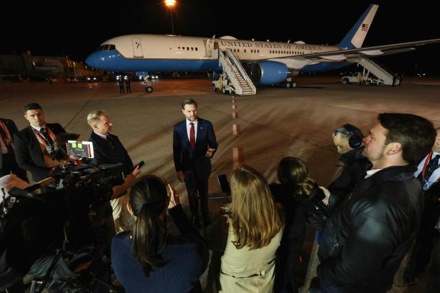 US Vice President JD Vance speaks to the media before boarding Air Force Two to return to Washington DC, after the White House announced he would be leading the US delegation in upcoming peace talks with Iran, at the Budapest Ferenc Liszt International Airport in Budapest, Hungary, on April 8, 2026. (Photo by Jonathan Ernst / AFP)