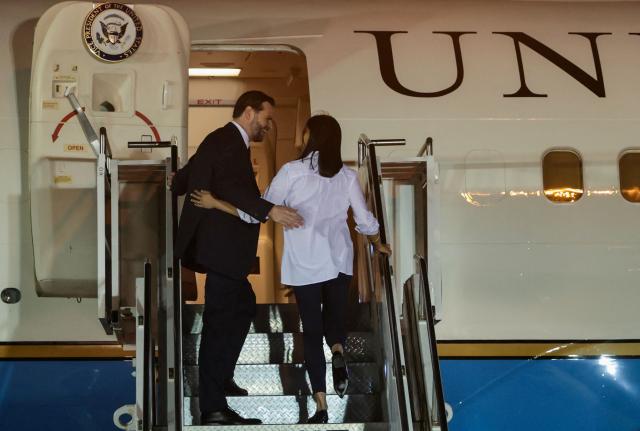 US Vice President JD Vance and his wife Usha Vance board Air Force Two to return to Washington DC, after the White House announced he would be leading the US delegation in upcoming peace talks with Iran, at the Budapest Ferenc Liszt International Airport in Budapest, Hungary, on April 8, 2026. (Photo by Jonathan Ernst / AFP)