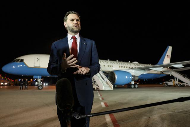 US Vice President JD Vance speaks to the media before boarding Air Force Two to return to Washington DC, after the White House announced he would be leading the US delegation in upcoming peace talks with Iran, at the Budapest Ferenc Liszt International Airport in Budapest, Hungary, on April 8, 2026. (Photo by Jonathan Ernst / POOL / AFP)