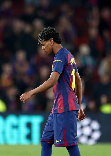 Barcelona's Spanish forward #10 Lamine Yamal leaves at the end of the UEFA Champions League quarter final first leg football match between FC Barcelona and Club Atletico de Madrid at Camp Nou Stadium in Barcelona on April 8, 2026. Atletico Madrid won 0-2. (Photo by Josep LAGO / AFP)