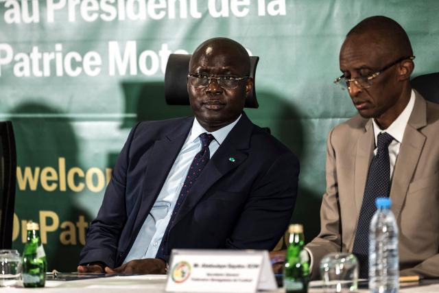 President of the Senegalese Football Federation (SFS) Abdoulaye Fall (C) looks on during a press conference at the Pullman Hotel in Dakar on April 8, 2026. (Photo by PATRICK MEINHARDT / AFP)