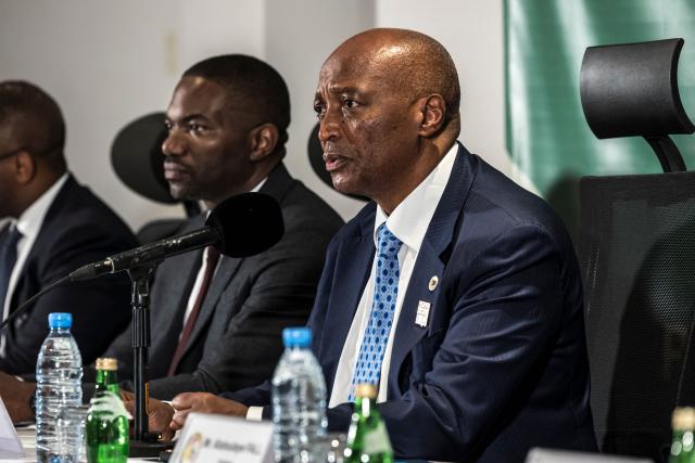 President of Confederation of African Football (CAF) Patrice Motsepe speaks during a press conference at the Pullman Hotel in Dakar on April 8, 2026. (Photo by PATRICK MEINHARDT / AFP)