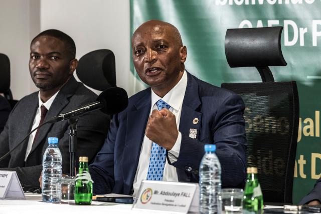 President of Confederation of African Football (CAF) Patrice Motsepe speaks during a press conference at the Pullman Hotel in Dakar on April 8, 2026. (Photo by PATRICK MEINHARDT / AFP)