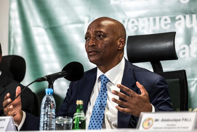 President of Confederation of African Football (CAF) Patrice Motsepe speaks during a press conference at the Pullman Hotel in Dakar on April 8, 2026. (Photo by PATRICK MEINHARDT / AFP)