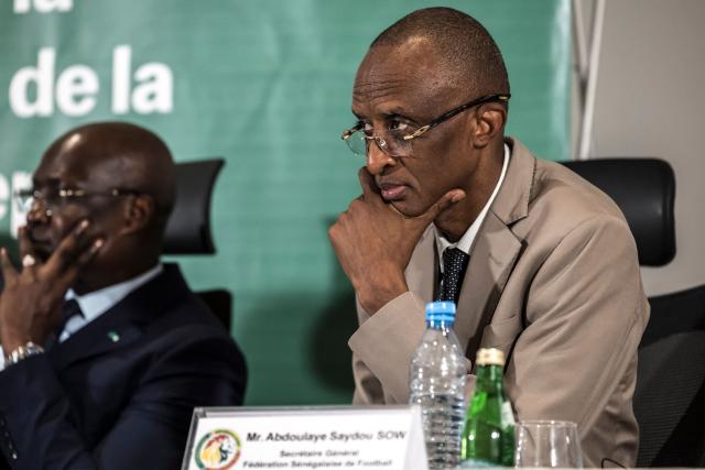 Secretary General of the Senegalese Football Federation (SFS) Abdoulaye Saydou Sow looks on during a press conference at the Pullman Hotel in Dakar on April 8, 2026. The president of the Confederation of African Football (CAF) was in Dakar on April 8, 2026, nearly a month after the body's shock decision to strip Senegal of its AFCON title and award it to Morocco. (Photo by PATRICK MEINHARDT / AFP)