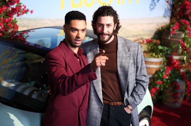 British actor Rege-Jean Page (L) and Italian actor Lorenzo de Moor (R) attend Universal's premiere of "You, Me & Tuscany" at Jazz at Lincoln Center in New York on April 8, 2026. (Photo by CHARLY TRIBALLEAU / AFP)