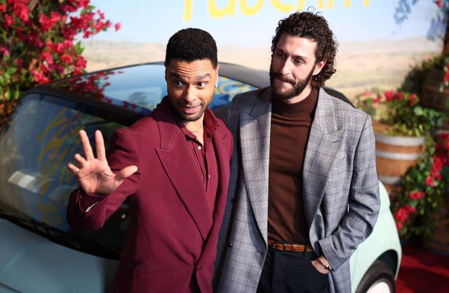 British actor Rege-Jean Page (L) and Italian actor Lorenzo de Moor (R) attend Universal's premiere of "You, Me & Tuscany" at Jazz at Lincoln Center in New York on April 8, 2026. (Photo by CHARLY TRIBALLEAU / AFP)