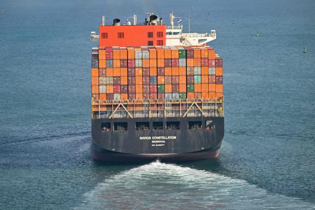 The Navios Constellation container ship sails under the Liberian flag after leaving the Port of Balboa in Panama City on April 8, 2026. A subsidiary of Hong Kong conglomerate CK Hutchison said on April 7, 2026, it filed an arbitration against shipping giant Maersk, accusing the Danish group seeking to replace its operations in the Panama Canal. (Photo by Martin BERNETTI / AFP)