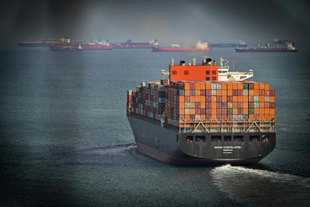 The Navios Constellation container ship sails under the Liberian flag after leaving the Port of Balboa in Panama City taken on April 8, 2026. A subsidiary of Hong Kong conglomerate CK Hutchison said on April 7, 2026, it filed an arbitration against shipping giant Maersk, accusing the Danish group seeking to replace its operations in the Panama Canal. (Photo by Martin BERNETTI / AFP)