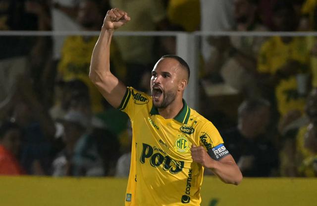 Mirassol's defender #34 Joao Victor celebrates after scoring his team's first goal during the Copa Libertadores group stage football match between Brazil's Mirassol and Argentina's Lanus at the Jose Maria de Campos Maia stadium in Mirassol, state of Sao Paulo, Brazil, on April 8, 2026. (Photo by NELSON ALMEIDA / AFP)