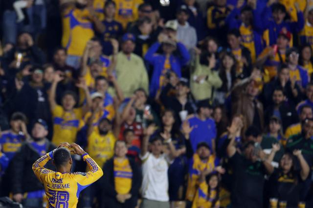 Tigres' Brazilian defender #28 Joaquim Henrique celebrates after an own goal scored by Seattle Sounders' defender #25 Jackson Ragen (out of frame) during the CONCACAF Champions Cup quarterfinal football match between Mexico's Tigres and US' Seattle Sounders at the Universitario stadium in San Nicolas de los Garza, state of Nuevo Leon, Mexico on April 8, 2026. (Photo by Julio Cesar AGUILAR / AFP)