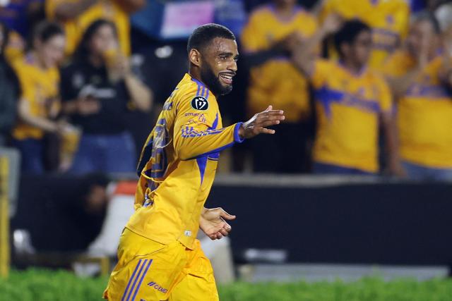 Tigres' Brazilian defender #28 Joaquim Henrique celebrates after an own goal scored by Seattle Sounders' defender #25 Jackson Ragen (out of frame) during the CONCACAF Champions Cup quarterfinal football match between Mexico's Tigres and US' Seattle Sounders at the Universitario stadium in San Nicolas de los Garza, state of Nuevo Leon, Mexico on April 8, 2026. (Photo by Julio Cesar AGUILAR / AFP)