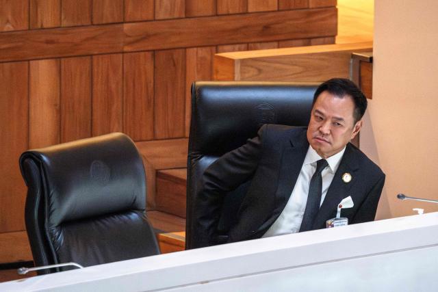 Thailand's Prime Minister Anutin Charnvirakul sits before delivering the cabinet policy speech at the parliament chamber in Bangkok on April 9, 2026. (Photo by chanakarn LAOSARAKHAM / AFP)