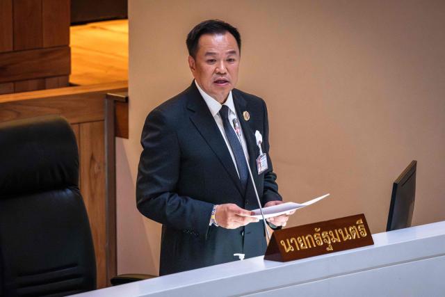 Thailand's Prime Minister Anutin Charnvirakul delivers the cabinet policy speech at the parliament chamber in Bangkok on April 9, 2026. (Photo by chanakarn LAOSARAKHAM / AFP)