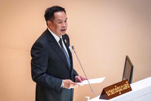 Thailand's Prime Minister Anutin Charnvirakul delivers the cabinet policy speech at the parliament chamber in Bangkok on April 9, 2026. (Photo by chanakarn LAOSARAKHAM / AFP)