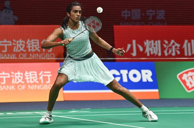Pusarla V. Sindhu of India hits a return to Wang Zhiyi of China during their women's singles match at the Badminton Asia Championship in Ningbo, eastern China's Zhejiang province on April 9, 2026. (Photo by CN-STR / AFP) / China OUT