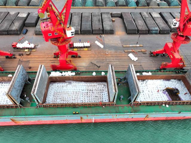 An aerial photo shows workers unloading imported fertilisers at the Lianyungang port, in eastern China's Jiangsu province on April 8, 2026. (Photo by CN-STR / AFP) / China OUT