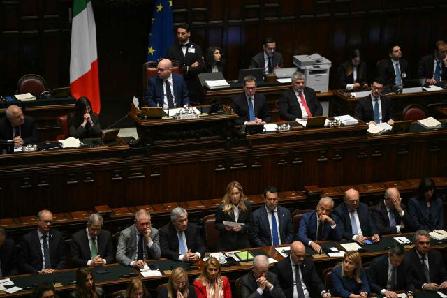 Italy's Prime Minister, Giorgia Meloni addresses the lower house of the Italian Parliament, in Rome on April 9, 2026. (Photo by Andreas SOLARO / AFP)