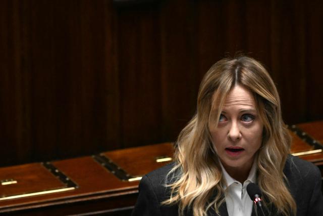 Italy's Prime Minister, Giorgia Meloni addresses the lower house of the Italian Parliament, in Rome on April 9, 2026. (Photo by Andreas SOLARO / AFP)