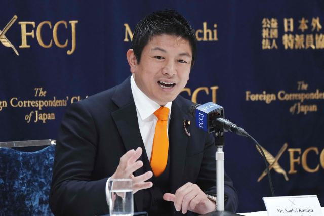 Japan's Sanseito leader Sohei Kamiya answers questions during a press conference at the Foreign Correspondents' Club of Japan in Tokyo on April 9, 2026. (Photo by Kazuhiro NOGI / AFP)