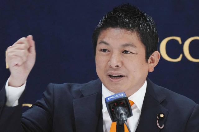 Japan's Sanseito leader Sohei Kamiya answers questions during a press conference at the Foreign Correspondents' Club of Japan in Tokyo on April 9, 2026. (Photo by Kazuhiro NOGI / AFP)