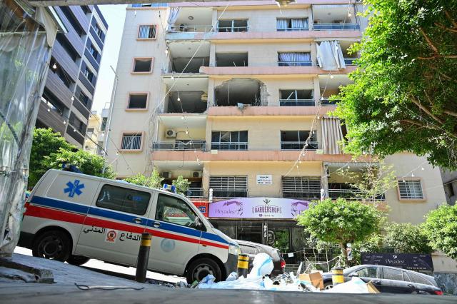 This picture taken on April 9, 2026, shows the aftermath of the previous day's Israeli airstrike that targeted a building in Beirut's al-Manara neighbourhood. The Israeli military said it struck a Hezbollah commander in Beirut on April 8, after Lebanese state media reported that Israel had targeted a residential neighbourhood in the capital. (Photo by FADEL itani / AFP)