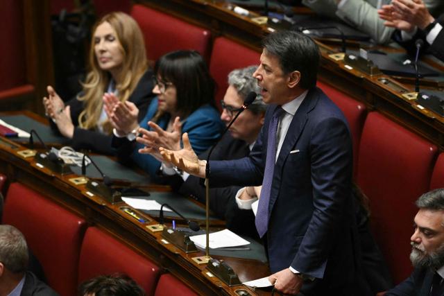 Five Stars Movement leader Giuseppe Conte addresses the lower house of the Italian Parliament, in Rome on April 9, 2026. (Photo by Andreas SOLARO / AFP)
