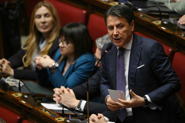Five Stars Movement leader Giuseppe Conte addresses the lower house of the Italian Parliament, in Rome on April 9, 2026. (Photo by Andreas SOLARO / AFP)