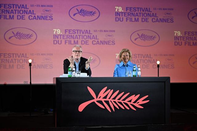 Cannes film festival General Delegate Thierry Fremaux (L) and Festival President Iris Knobloch attend a press conference to announce the official selection of the 79th edition of the Cannes Film Festival, at the Pathe Palace cinema in Paris on April 9, 2026. (Photo by JULIEN DE ROSA / AFP)