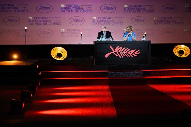 Cannes film festival General Delegate Thierry Fremaux (L) and Festival President Iris Knobloch attend a press conference to announce the official selection of the 79th edition of the Cannes Film Festival, at the Pathe Palace cinema in Paris on April 9, 2026. (Photo by JULIEN DE ROSA / AFP)