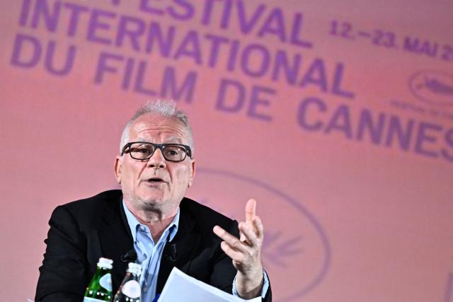 Cannes film festival General Delegate Thierry Fremaux speaks during a press conference to announce the official selection of the 79th edition of the Cannes Film Festival, at the Pathe Palace cinema in Paris on April 9, 2026. (Photo by JULIEN DE ROSA / AFP)