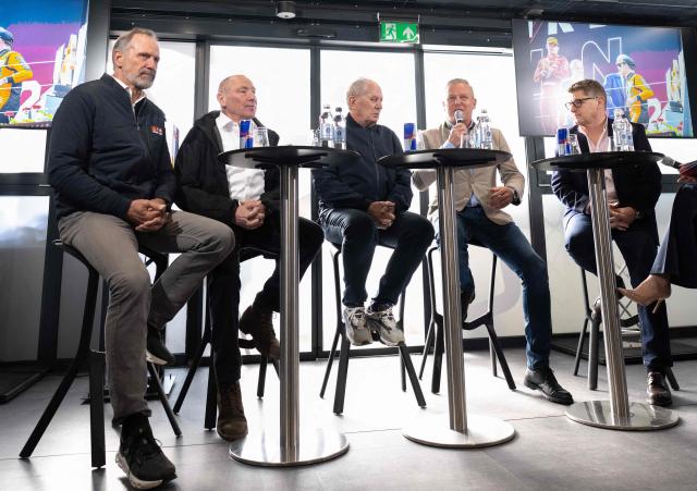 (L-R) Thomas Ueberall, General Manager of Red Bull Ring, Mario Kunasek, the governor of Styria, Helmut Marko, Austrian motorsport legend, Karl Katoch, Red Bull Erzbergrodeo, Heinz Kinigadner, Austrian former professional motocross racer and Wings for Life founder, attend a press conference of Red Bull Ring 2026 during the Styria Spring festival outside of the Vienna’s city hall in Vienna, Austria on March 09,2026. (Photo by Joe Klamar / AFP)