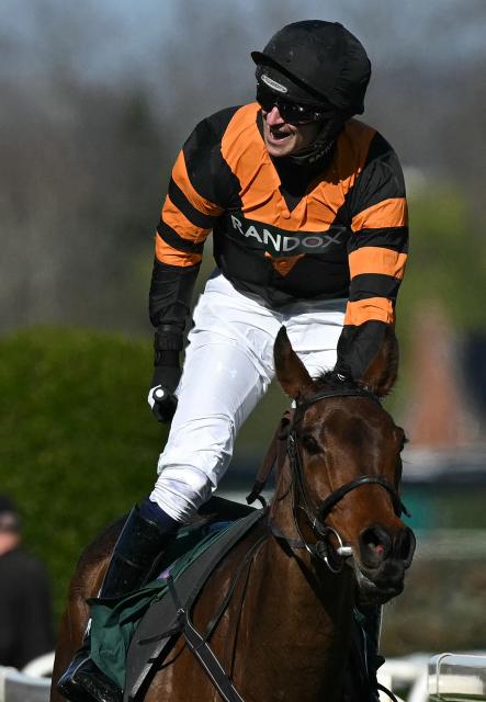 (FILES) Jockey Patrick Mullins reacts as he passes the finish line on Nick Rockett to win the Grand National Handicap Chase on the final day of the Grand National Festival horse race meeting at Aintree Racecourse in Liverpool, north-west England, on April 5, 2025. Reigning champion Nick Rockett is out of the Grand National horse race on April 11 in Liverpool after being declared a non-runner on April 9, 2026. The nine-year-old provided one of the storied steeplechase's most emotional stories when he won at the Aintree course last year for the father-and-son team of trainer Willie Mullins and jockey Patrick Mullins. (Photo by Oli SCARFF / AFP)