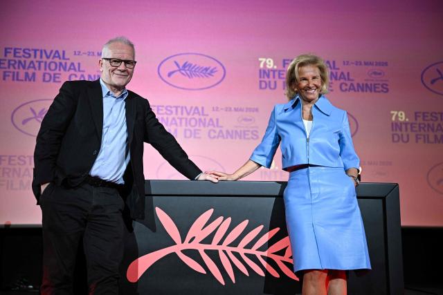 Cannes film festival General Delegate Thierry Fremaux (L) and Festival President Iris Knobloch pose after a press conference to announce the official selection of the 79th edition of the Cannes Film Festival, at the Pathe Palace cinema in Paris on April 9, 2026. (Photo by JULIEN DE ROSA / AFP)