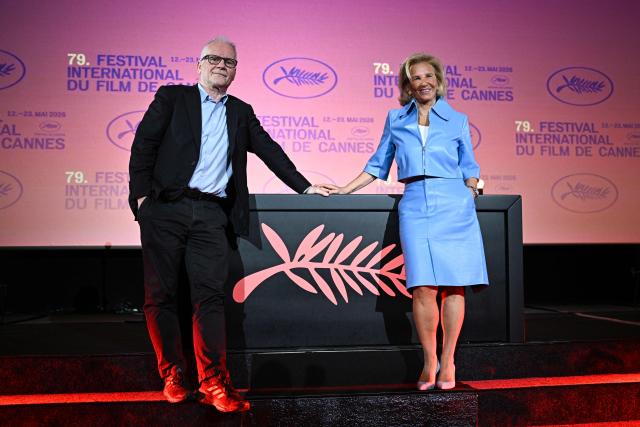 Cannes film festival General Delegate Thierry Fremaux (L) and Festival President Iris Knobloch pose after a press conference to announce the official selection of the 79th edition of the Cannes Film Festival, at the Pathe Palace cinema in Paris on April 9, 2026. (Photo by JULIEN DE ROSA / AFP)