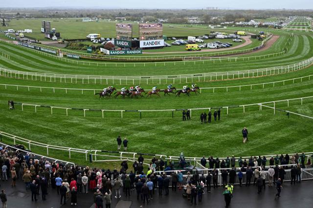 Racegoers watch as the first race is run on the opening day of the Grand National Festival horse race meeting at Aintree Racecourse in Liverpool, north-west England, on April 9, 2026. (Photo by Paul ELLIS / AFP)