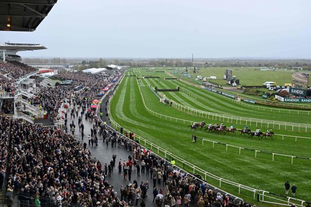 Racegoers watch as the first race is run on the opening day of the Grand National Festival horse race meeting at Aintree Racecourse in Liverpool, north-west England, on April 9, 2026. (Photo by Paul ELLIS / AFP)