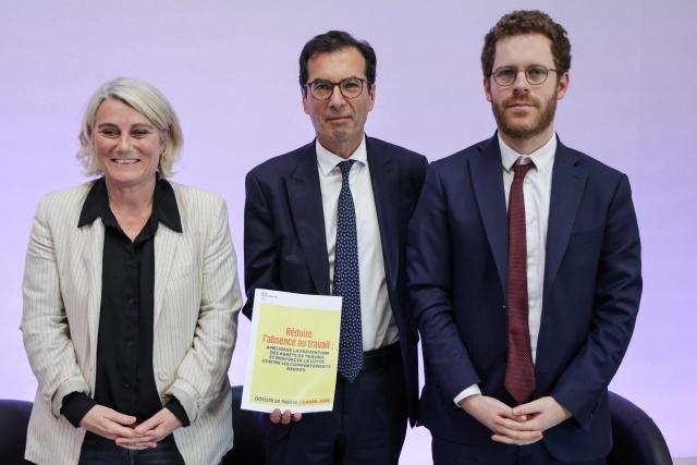 (From L) France's Health Minister Stephanie Rist, France's Labour Minister Jean-Pierre Farandou and France's junior Minister for civil service David Amiel pose at the end of a press conference to present the plan to reduce absenteeism at work, in Paris on April 9, 2026. France's Health Minister confirmed to the National Assembly on April 1, 2026 that the government is preparing to announce measures to curb the current rise in sick pay, which is "no longer sustainable" for the National Health Service. This also includes making it easier for employers to monitor absenteeism and providing employers with guidelines on best practice regarding working conditions. (Photo by Ludovic MARIN / AFP)