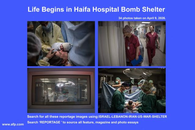 AFP presents a reportage of 34 photos by AFP photographer Marco Longari taken on April 9, 2026 showing Israeli woman Sarah Bird delivering her third baby at the operating theatre of the neonatal unit in the underground bomb shelter built into the Carmel Medical Center in the northern city of Haifa. The hospital, built in the tip of the one of the mountains of the Carmel Mountain Range is part of the Clalit Health Services, the largest health organisation in Israel running 14 hospitals across the country. At least 14 rocket alerts sounded through April 9 morning in communities near Israel's northern border with Lebanon as Israeli forces fight Hezbollah despite the US-Iran ceasefire.

Search all these reportage images using ISRAEL-LEBANON-IRAN-US-WAR-SHELTER-REPORTAGE
Search "REPORTAGE" to source all feature, magazine and photo essays (Photo by MARCO LONGARI / AFP)